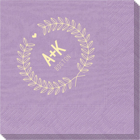 Laurel Wreath with Heart and Initials Moire Napkins